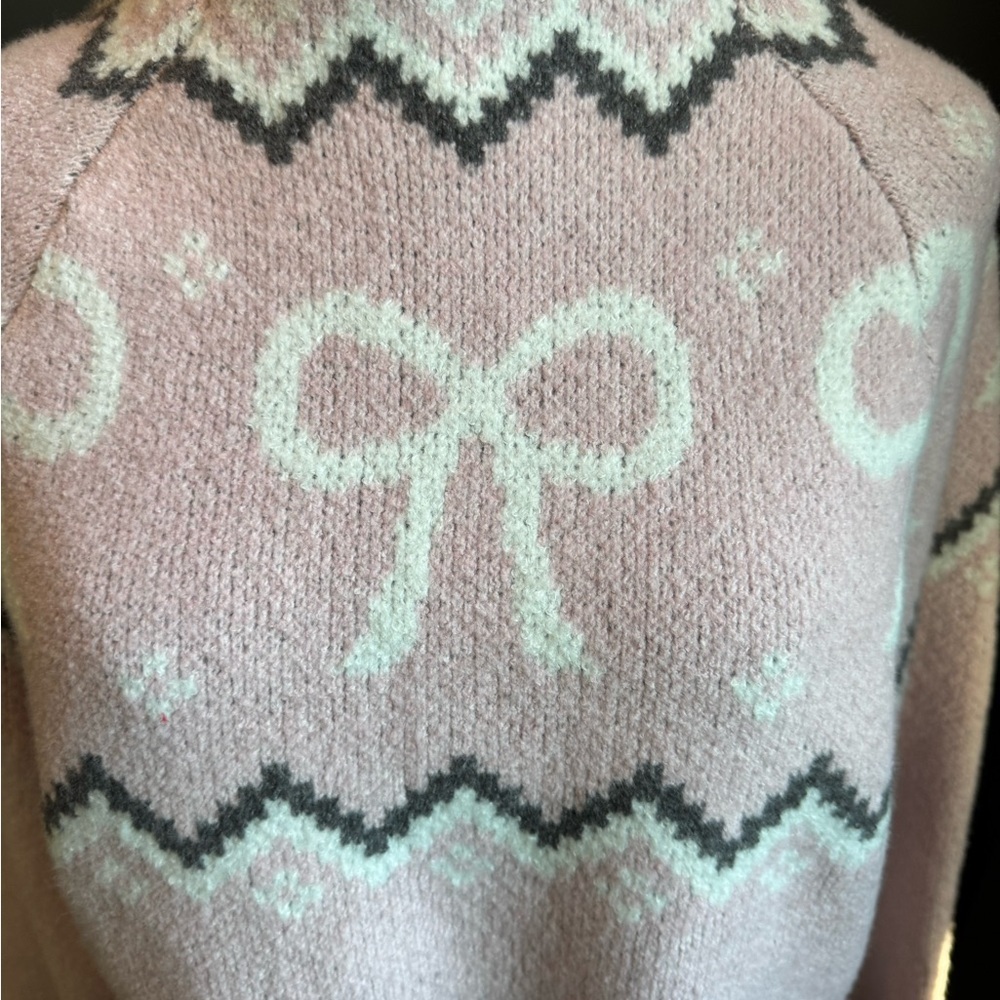 No Boundaries Pink White Bow Girly Fair Isle Rose Mist Cowl Neck Sweater Sz 8-10 - Picture 2 of 11